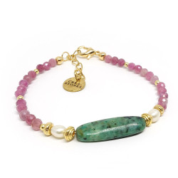 Bracelet fin création en pierres fines Rubellite, biwa et chrysocolle