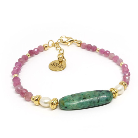 Bracelet fin création en pierres fines Rubellite, biwa et chrysocolle