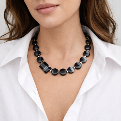 Agate noire rayée, Collier 50 cm asymétrique ag925