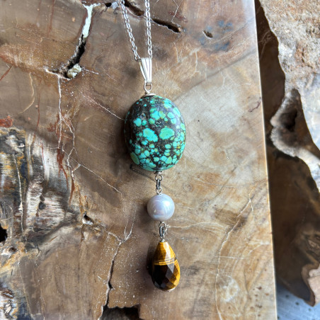 Turquoise, biwa et œil de tigre, Pendentif création originale sur chaine