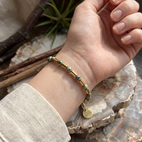Turquoise africaine et hématite dorée, Bracelet création avec Gold filled
