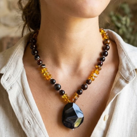 Ambre et agate, Collier création
