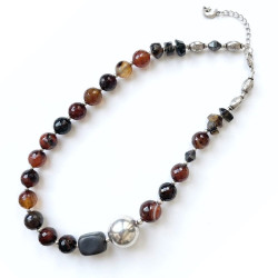 Agate facettes naturelle, ambre noire et onyx mat, Collier création argent 925
