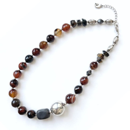 Agate facettes naturelle, ambre noire et onyx mat, Collier création argent 925