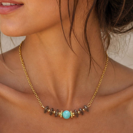Quartz fumé et amazonite, Collier chaîne plaqué or.