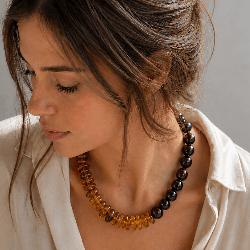 Ambre et agate, Collier création argent 925