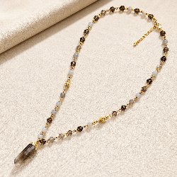 Quarts fumé et agate naturelle, Sautoir avec pendentif pointe naturelle de quartz fumé