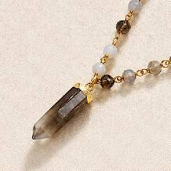 Quarts fumé et agate naturelle, Sautoir avec pendentif pointe naturelle de quartz fumé