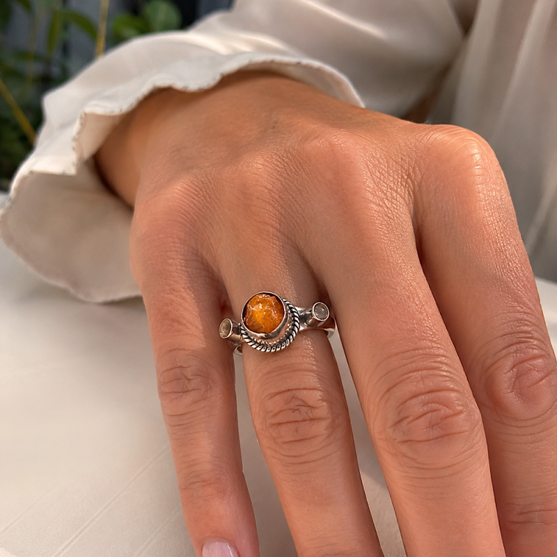Bague artisanale en argent 925 avec opale de feu brute mexicaine et deux citrines naturelles facettées - taille 59