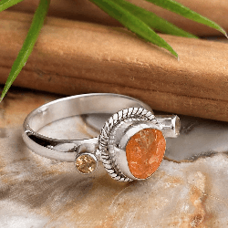 Bague artisanale en argent 925 avec opale de feu brute mexicaine et deux citrines naturelles facettées - taille 59