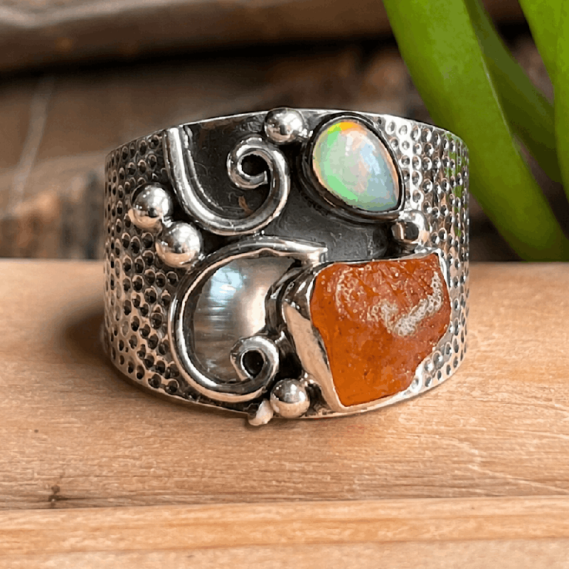 Opale de feu du Mexique et opale noble, Bague argent 925 Taille 58