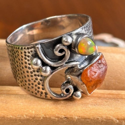 Opale de feu du Mexique et opale noble, Bague argent 925 Taille 58