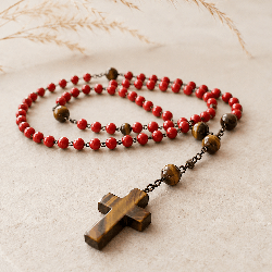 Sautoir chapelet en corail bambou et œil de tigre avec croix en œil de tigre – bijou artisanal en pierres naturelles.