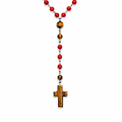 Sautoir chapelet en corail bambou et œil de tigre avec croix en œil de tigre – bijou artisanal en pierres naturelles.