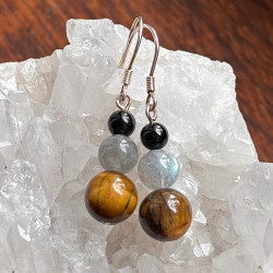 Boucles d'oreilles en argent 925 avec tourmaline noire, labradorite et œil de tigre – bijou artisanal en pierres naturelles