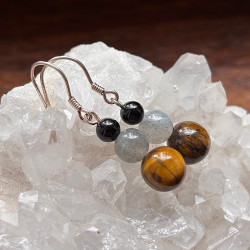 Boucles d'oreilles en argent 925 avec tourmaline noire, labradorite et œil de tigre – bijou artisanal en pierres naturelles