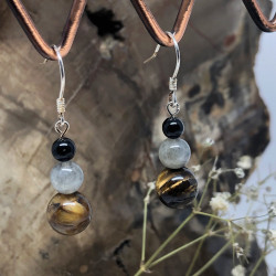 Tourmaline noire, de labradorite et d’œil de tigre, Boucles d’oreilles argent