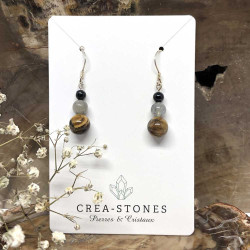 Tourmaline noire, de labradorite et d’œil de tigre, Boucles d’oreilles argent