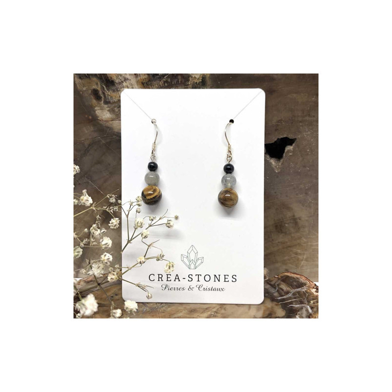 Tourmaline noire, de labradorite et d’œil de tigre, Boucles d’oreilles argent