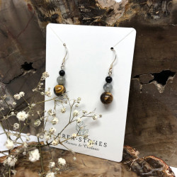 Tourmaline noire, de labradorite et d’œil de tigre, Boucles d’oreilles argent