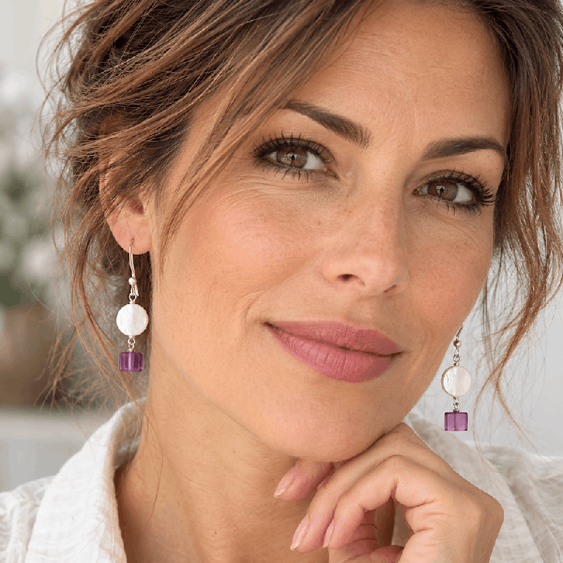 Boucles d’oreilles nacre et Fluorite sur argent