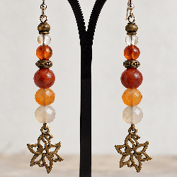 Boucles d’oreilles en cornaline, ambre et agate avec apprêts bronze et crochets argent 925