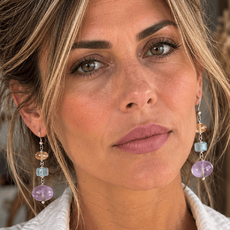 Boucles d’oreilles en pierre citrine, aigue-Marine & Améthyste – Argent 925 CREA-STONES