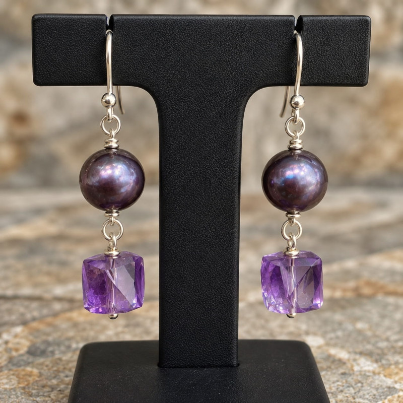Boucles d'oreilles améthyste et perles biwa