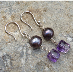 Boucles d'oreilles améthyste et perles biwa