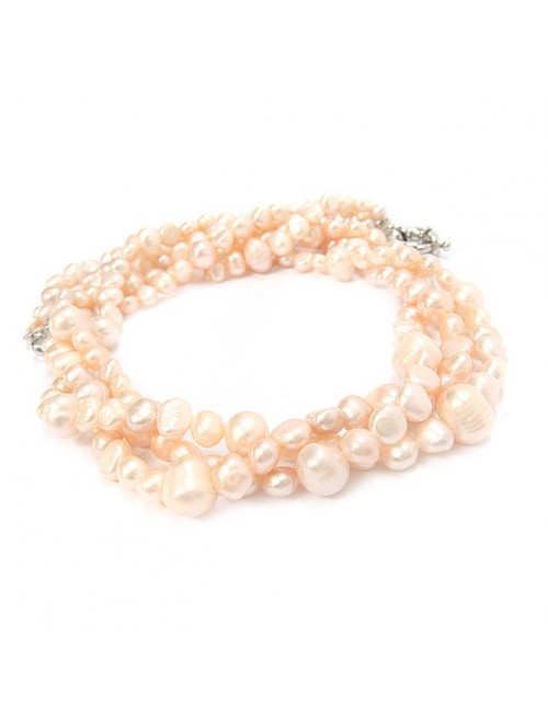 Collier perles Biwa naturelles – 3 rangs nacrés saumon