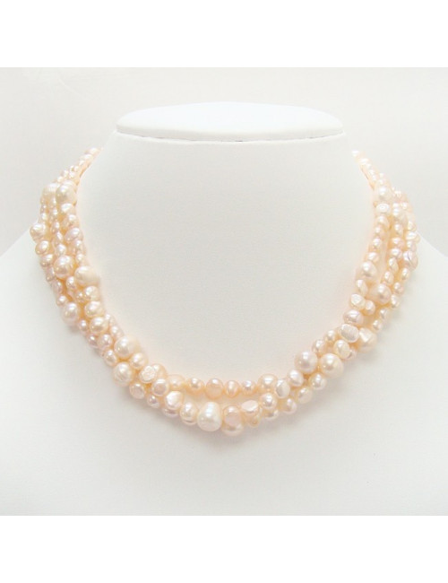 Collier perles Biwa naturelles – 3 rangs nacrés saumon