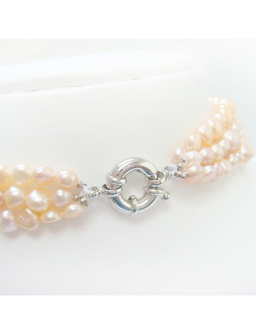 Collier perles Biwa naturelles – 3 rangs nacrés saumon