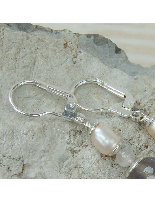 Boucles d'oreilles agate, quartz rose et biwa