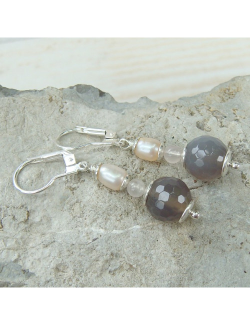 Boucles d'oreilles agate, quartz rose et biwa