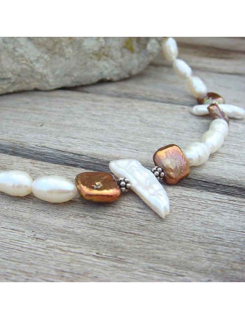 Collier en perle d'eau douce 2 tons