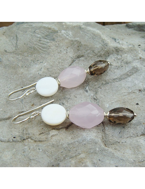 Boucles d'oreilles quartz rose, fumé et nacre