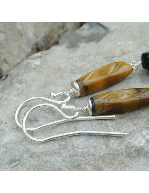 Boucles d'oreilles oeil de tigre et onyx