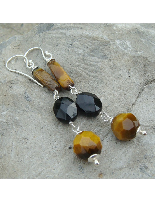 Boucles d'oreilles oeil de tigre et onyx Boucles d'oreilles oeil de tigre et onyx