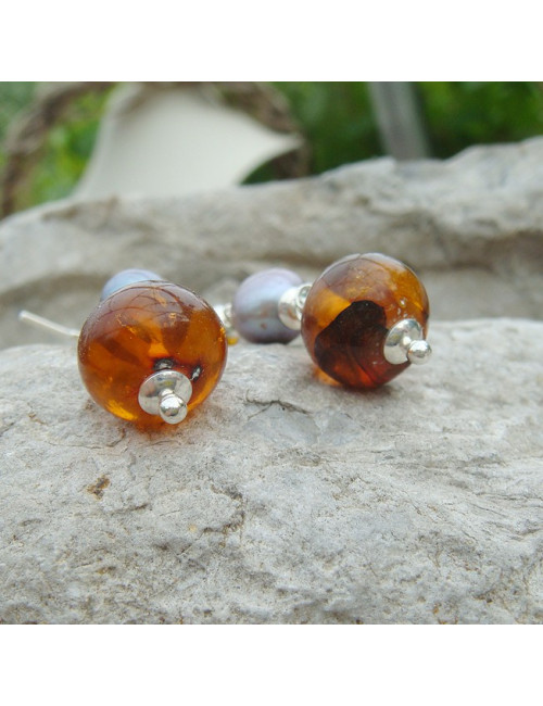 Boucles d'oreilles ambre et biwa
