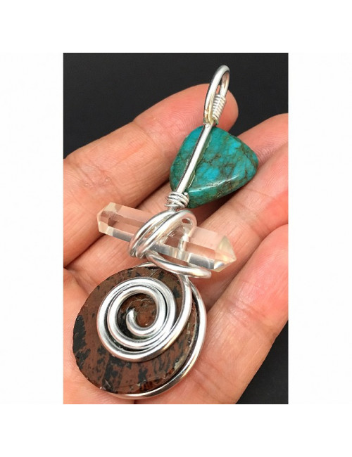 Pendentif énergétique turquoise, cristal de roche et obsidienne mahogany