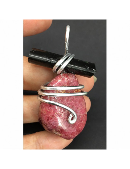 Pendentif énergétique rhodonite et tourmaline noire