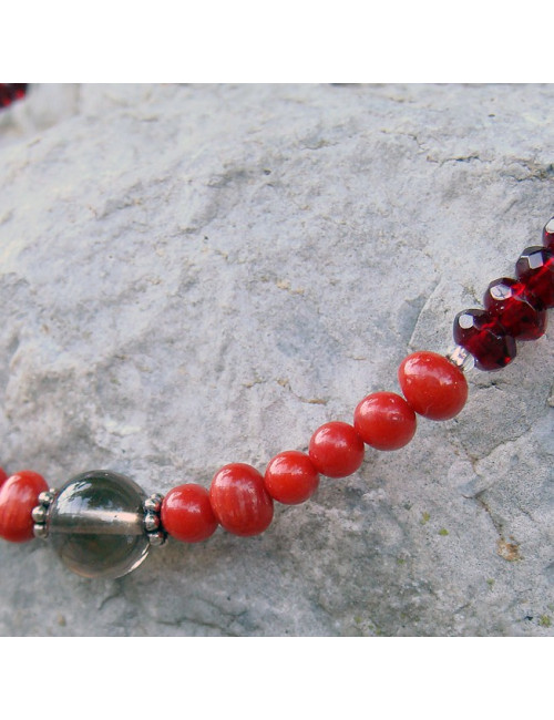 Collier chaîne grenat, corail et quartz fumé