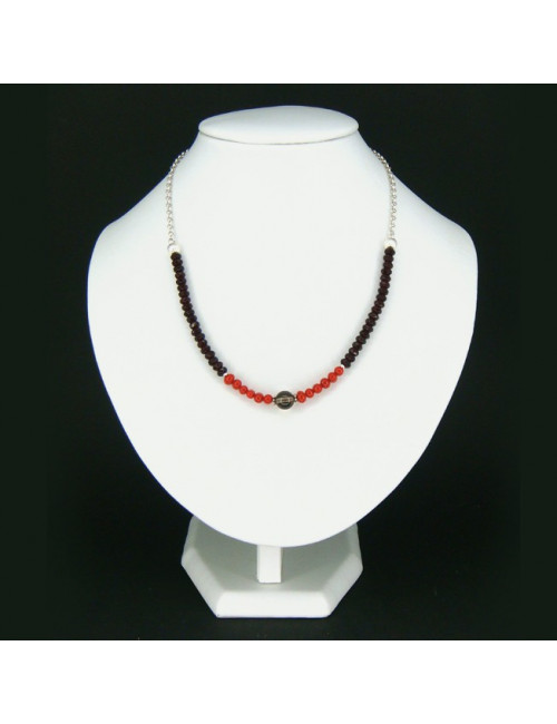 Collier chaîne grenat, corail et quartz fumé