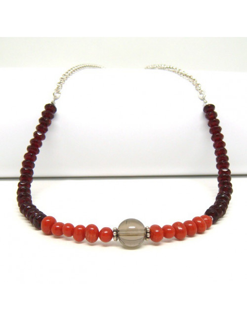 Collier chaîne grenat, corail et quartz fumé