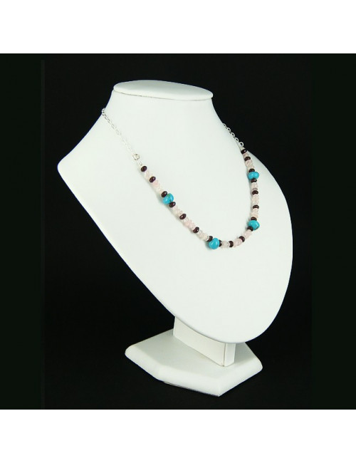 Collier chaîne grenat, quartz rose et turquoise