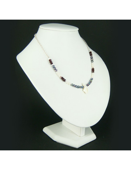 Collier chaîne grenat, perles d'eau douce et nacre