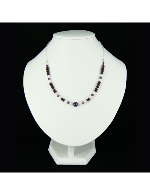 Collier chaîne grenat, perles d'eau douce et améthyste