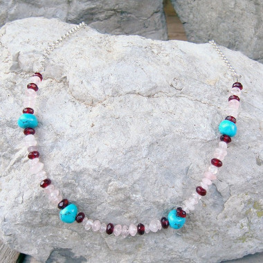 Collier chaîne grenat, quartz rose et turquoise