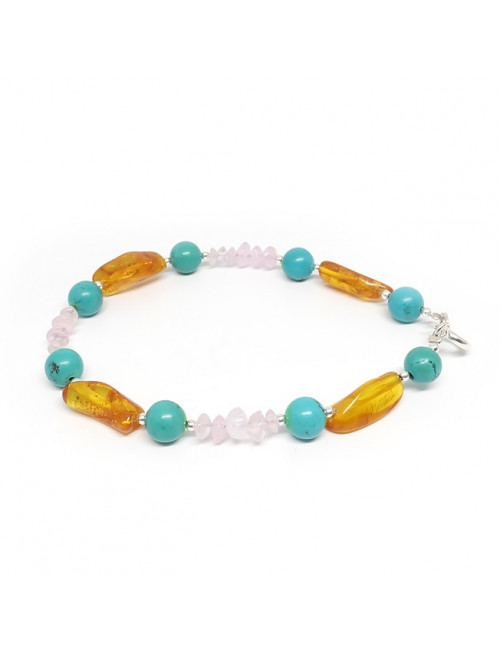 Bracelet turquoise, quartz rose et ambre