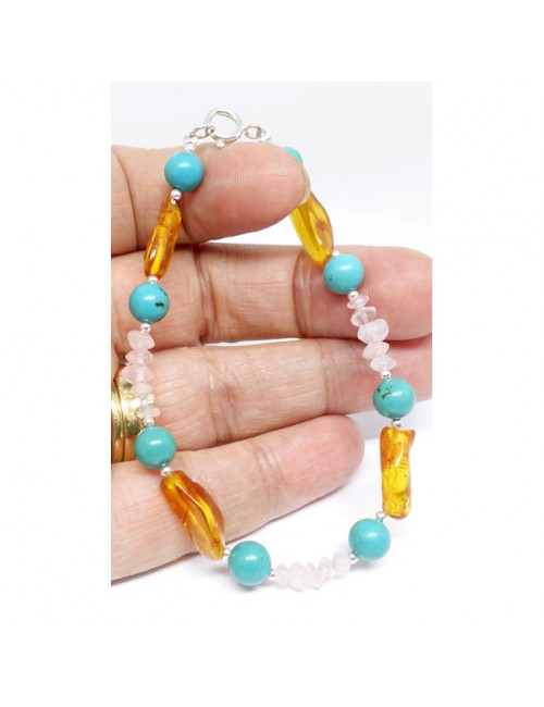 Bracelet turquoise, quartz rose et ambre